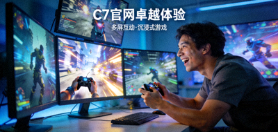 C7官网卓越体验图：玩家沉浸在多屏幕显示的精彩游戏场景中，表情专注愉悦