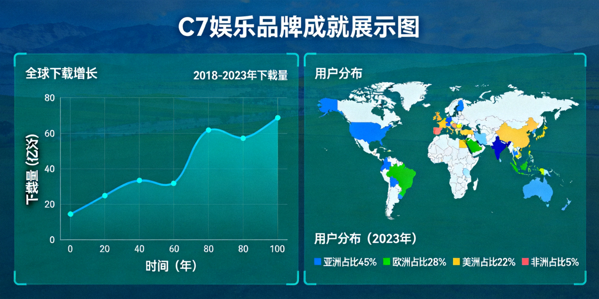 C7娱乐品牌成就展示图 - 显示全球下载增长曲线与用户分布地图的可视化信息图