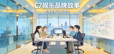 C7娱乐品牌故事展示图：团队在现代化办公室中讨论未来愿景