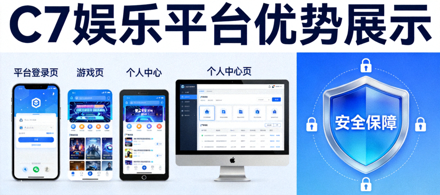 C7娱乐平台优势展示图 - 多设备界面展示与安全盾牌标志