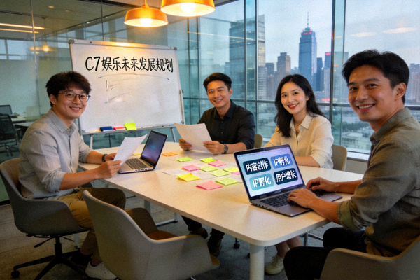 C7娱乐团队在现代化办公室中协作讨论未来愿景的场景
